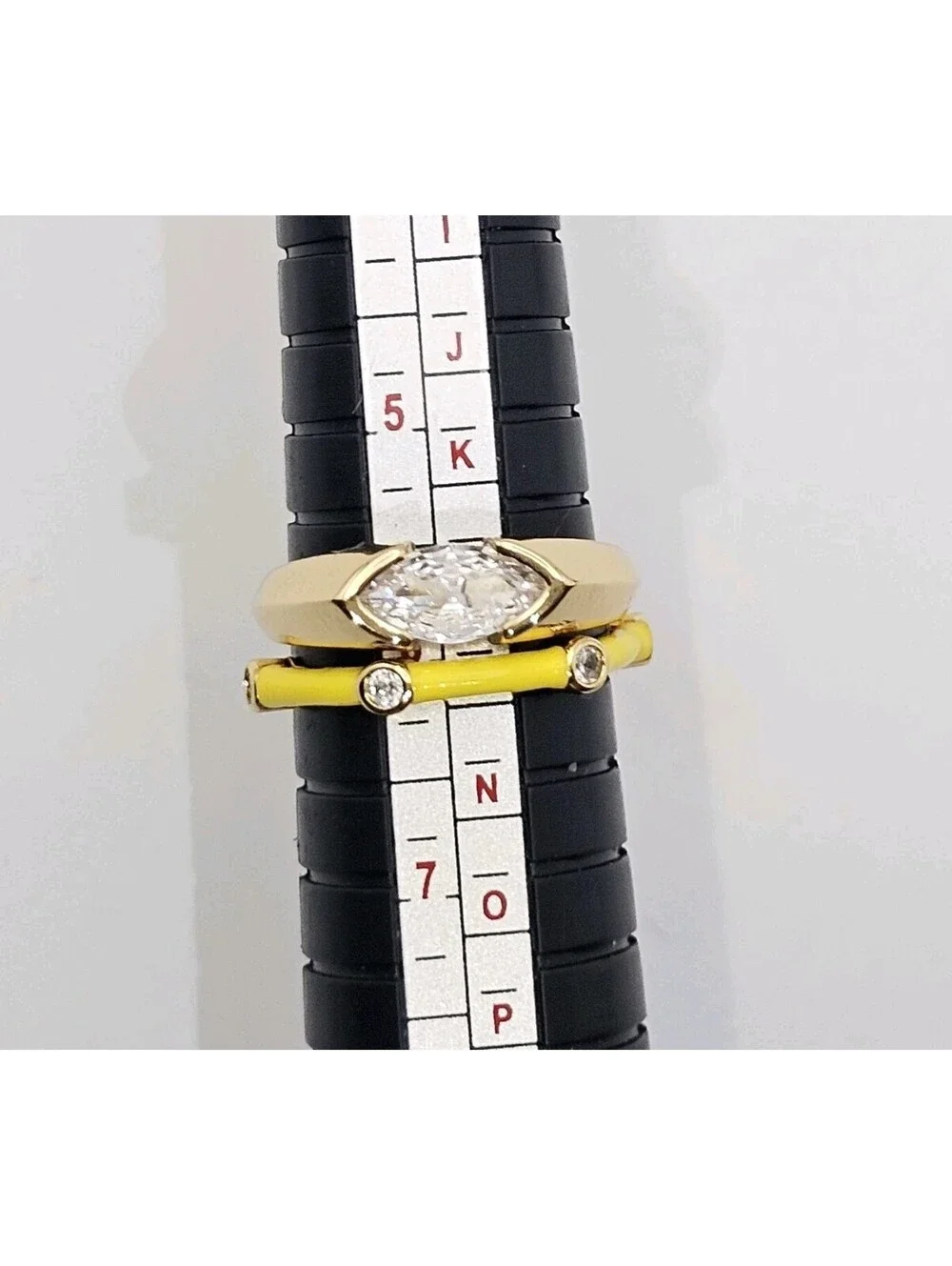 2 Ring Stack - Horse Eye Marquise CZ Size 6 Band - Yellow Enamel Adjustable